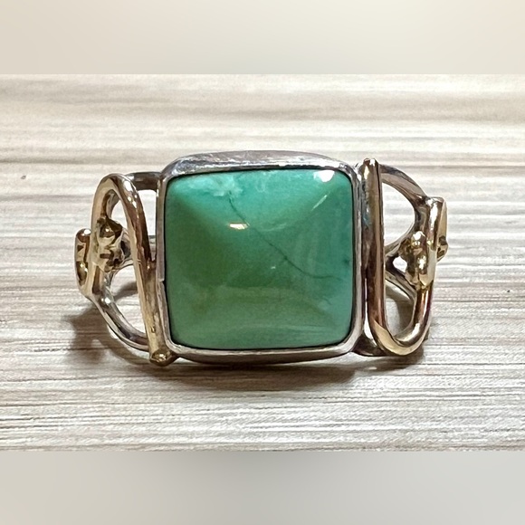 Handmade Designer Signed Sterling Silver & Gold Turquoise Ring, Size 7, 3.4g - Picture 2 of 10